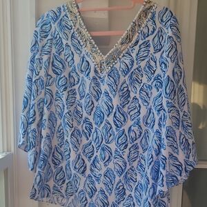 Lilly Pulitzer White Tunic with Blue Leaf Print and Beaded V-Neckline